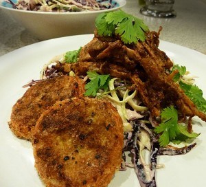 Un-barbequed Pulled Pork Stack with Oven-fried Green Tomatoes and Texas Chile Lime Coleslaw