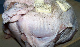 Slather the turkey with butter, salt, pepper and garlic and roast it at 325° until thermometer registers 185° at the thickest part of the bird. Feel free to baste every 20 minutes with a mixture of dry sauterne and olive oil or melted butter.