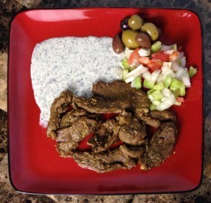 Low Carb Lamb Shawarma with Tsatsiki Dip & Olives
